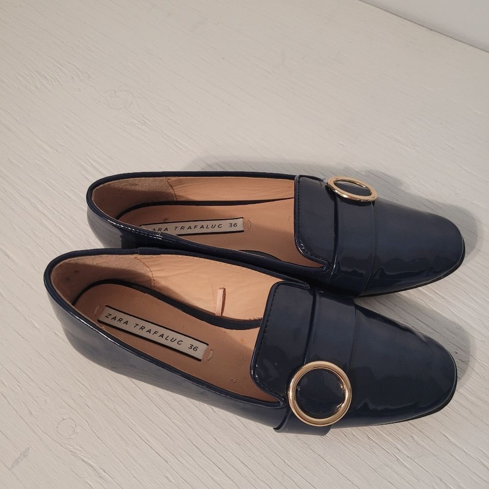 Zara Trafaluc Navy Patent Loafers with Gold Detail